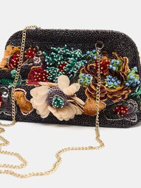 Zara women Floral Beaded embroidered Clutch NWT 3D Sequin Embroidery Multi Cross